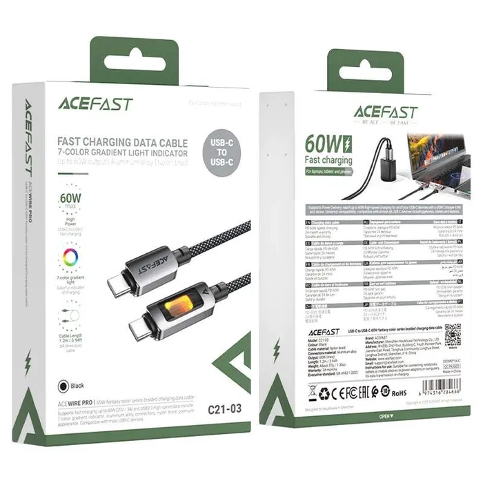Кабель ACEFAST C21-03, Type-C to Type-C, 60W, 1.2m, Nylon, Aluminum Alloy connectors, Black