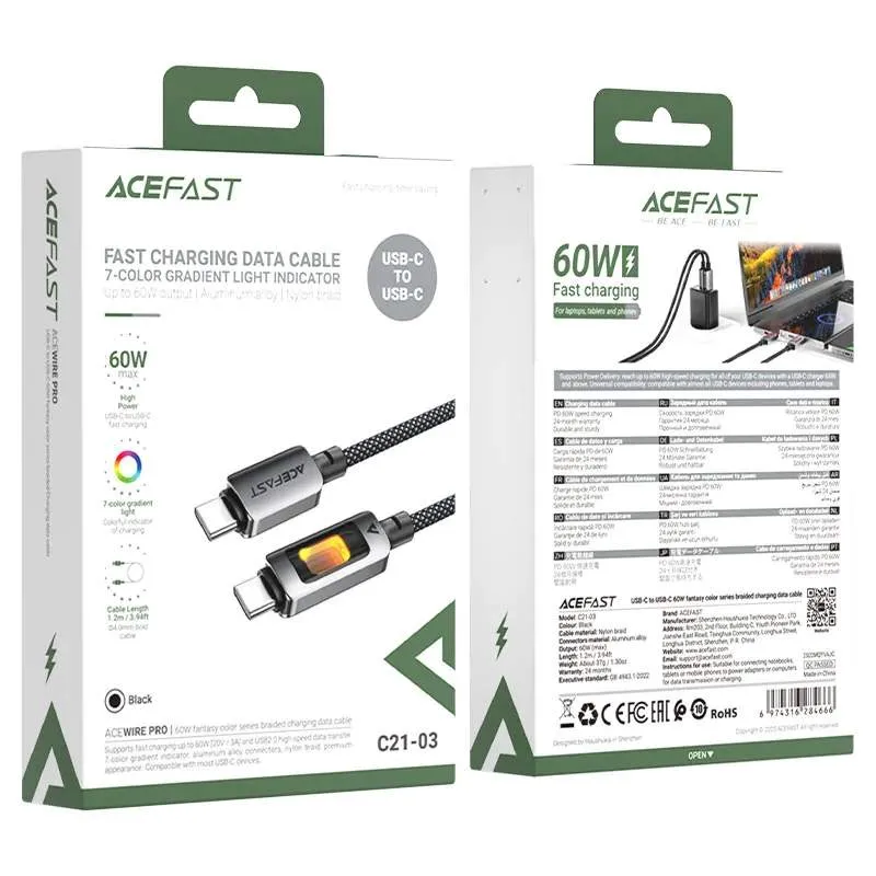 Кабель ACEFAST C21-03, Type-C to Type-C, 60W, 1.2m, Nylon, Aluminum Alloy connectors, Black